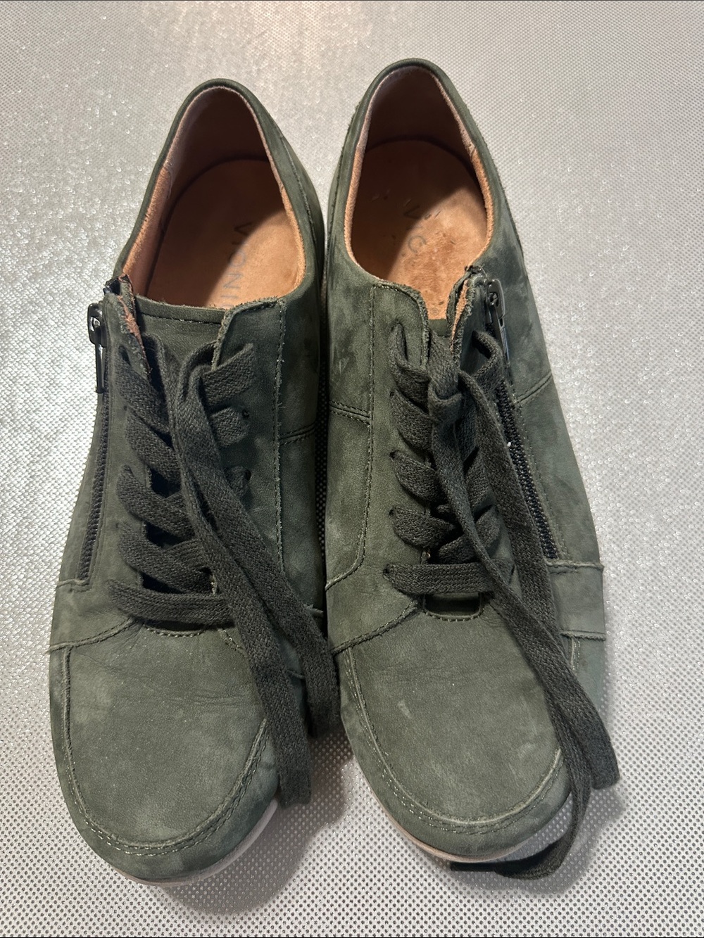 Vionic Women’s Suede Lace-Up Sneakers in Dark Green with Side Zipper